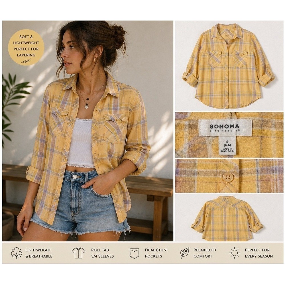 Sonoma Plaid Button Down Shirt W Small Yellow 3/4 Sleeve Linen Coastal Tartan